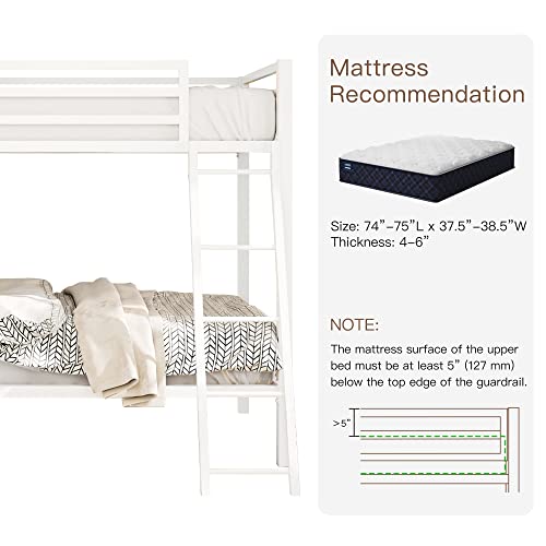 ikalido Metal Bunk Bed Twin Over Twin Size, Heavy Duty Twin Bunk Beds with Safety 14" Guard Rail & Sturdy Inclined Ladder, Space-Saving/No Box Spring Needed/Matte White