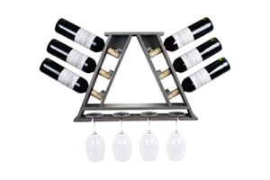 charmont wooden rustic wine rack - floating triangle wall mounted wine & glass holder - perfect wall home decor bar, kitchen storage, dining room, wedding gift (grey holds 6 bottles & 4 stemware cups)