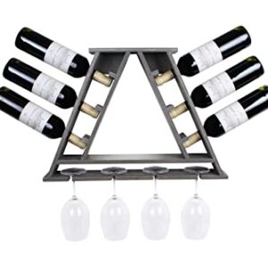 Charmont Wooden Rustic Wine Rack - Floating Triangle Wall Mounted Wine & Glass Holder - Perfect Wall Home Decor Bar, Kitchen Storage, Dining Room, Wedding Gift (Grey Holds 6 Bottles & 4 Stemware Cups)