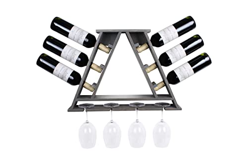 Charmont Wooden Rustic Wine Rack - Floating Triangle Wall Mounted Wine & Glass Holder - Perfect Wall Home Decor Bar, Kitchen Storage, Dining Room, Wedding Gift (Grey Holds 6 Bottles & 4 Stemware Cups)