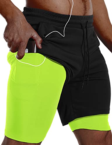 JWJ Mens 2 in 1 Running Shorts Quick Dry Gym Athletic Workout Clothes with Side Pockets,Green Large