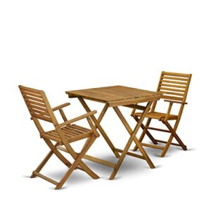 East West Furniture SEBS3CANA Selma 3 Piece Patio Bistro Outdoor Set Contains a Square Acacia Wood Coffee Table and 2 Folding Arm Chairs, 26x26 Inch, Natural Oil