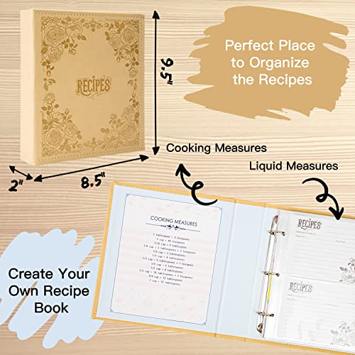 COFICE Recipe Book to Write in Your Own Recipes, 8.5x9.5 Recipe Ring Binder with PU Faux Leather Cover, 4x6 Cards and Tabbed Dividers, Beige