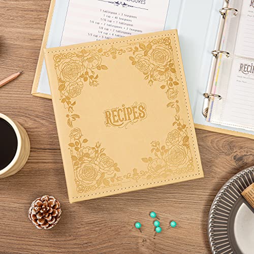 COFICE Recipe Book to Write in Your Own Recipes, 8.5x9.5 Recipe Ring Binder with PU Faux Leather Cover, 4x6 Cards and Tabbed Dividers, Beige