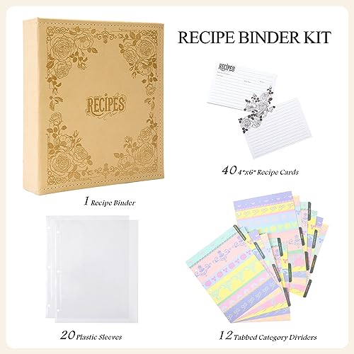 COFICE Recipe Book to Write in Your Own Recipes, 8.5x9.5 Recipe Ring Binder with PU Faux Leather Cover, 4x6 Cards and Tabbed Dividers, Beige