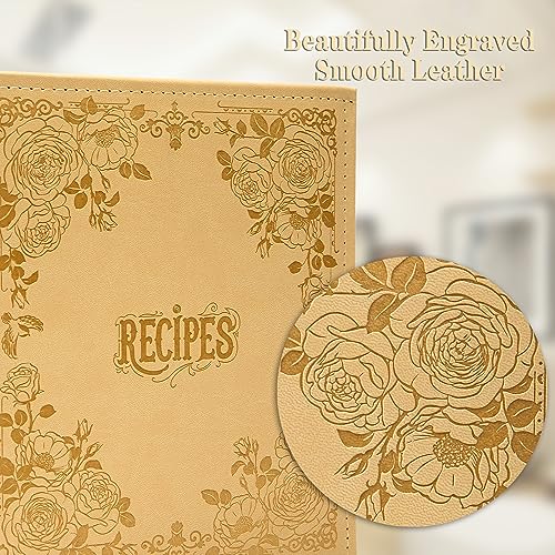 COFICE Recipe Book to Write in Your Own Recipes, 8.5x9.5 Recipe Ring Binder with PU Faux Leather Cover, 4x6 Cards and Tabbed Dividers, Beige