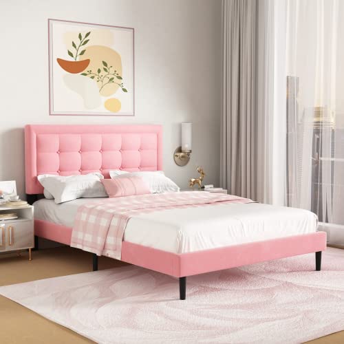 UNIZONE Full Upholstered Bed Frame with Headboard, Tufted Platform Bed with Button Headboard, Wood Slats Support, Mattress Foundation, No Box Spring Needed, Easy Assembly, Modern, Velvet, Pink