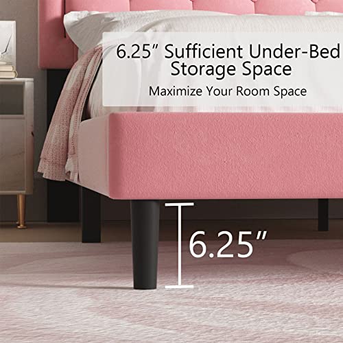 UNIZONE Full Upholstered Bed Frame with Headboard, Tufted Platform Bed with Button Headboard, Wood Slats Support, Mattress Foundation, No Box Spring Needed, Easy Assembly, Modern, Velvet, Pink