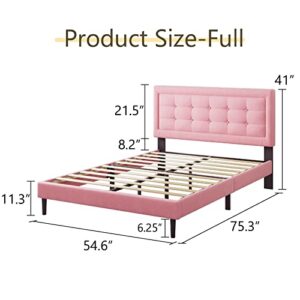 UNIZONE Full Upholstered Bed Frame with Headboard, Tufted Platform Bed with Button Headboard, Wood Slats Support, Mattress Foundation, No Box Spring Needed, Easy Assembly, Modern, Velvet, Pink