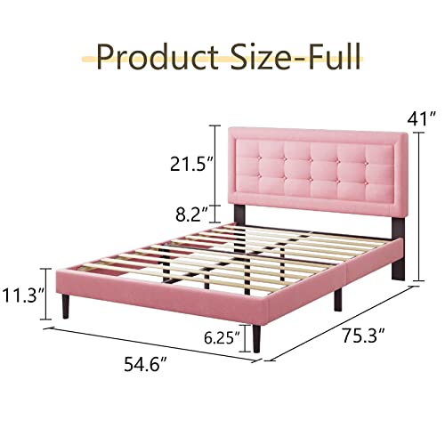 UNIZONE Full Upholstered Bed Frame with Headboard, Tufted Platform Bed with Button Headboard, Wood Slats Support, Mattress Foundation, No Box Spring Needed, Easy Assembly, Modern, Velvet, Pink