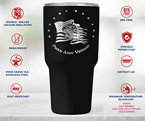 US Army Veteran 30oz Patriotic Tumbler - American Flag Tumbler Travel Mug - Patriotic Coffee Travel Mug - Double Insulated 30oz Tumbler - Engraved in the USA - (Army Veteran)