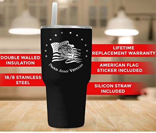 US Army Veteran 30oz Patriotic Tumbler - American Flag Tumbler Travel Mug - Patriotic Coffee Travel Mug - Double Insulated 30oz Tumbler - Engraved in the USA - (Army Veteran)