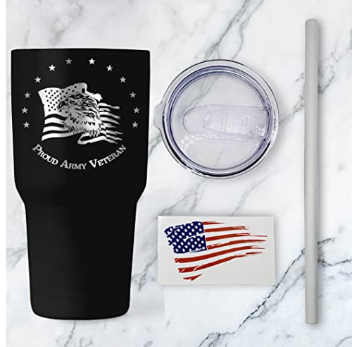 US Army Veteran 30oz Patriotic Tumbler - American Flag Tumbler Travel Mug - Patriotic Coffee Travel Mug - Double Insulated 30oz Tumbler - Engraved in the USA - (Army Veteran)