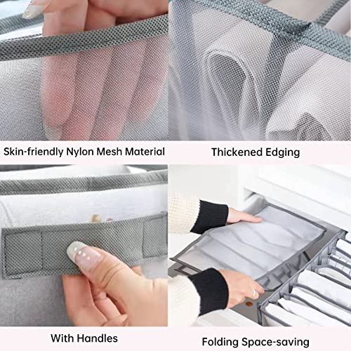 4Pcs Wardrobe Clothes Organizer, 9 Grids Washable Jeans Compartment Storage Box, Upgraded Mesh Separation Box with Handle, Foldable Drawer Organizers Clothes for Jeans, Shirt, Skirt, Legging, Grey