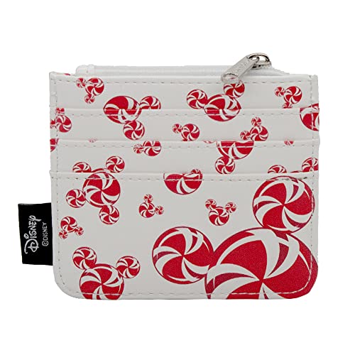 Buckle Down Women's Disney Wallet, Id Zip Top, Mickey Mouse Peppermint Candy Swirl Ears Icon, White, Vegan Leather, 4.0" x 3.5"