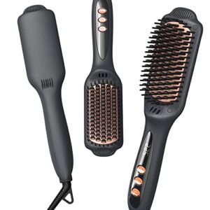 hair straightener brush heated straightening brush: negative ion hot hair brush for smooth frizz-free women hair - ceramic flat iron brush - dual voltage anti-scald fast heating