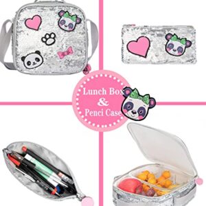 Meetbelify Girls Rolling Backpack Sequin Rolling Backpacks with Wheels for Girls for Elementary Preschool Cute Panda Roller Luggage with Lunch Box for 6-12 Girls