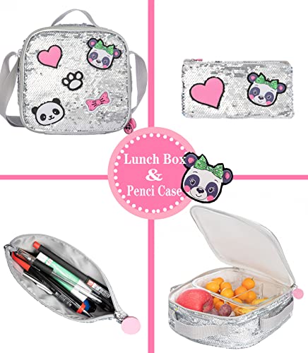 Meetbelify Girls Rolling Backpack Sequin Rolling Backpacks with Wheels for Girls for Elementary Preschool Cute Panda Roller Luggage with Lunch Box for 6-12 Girls