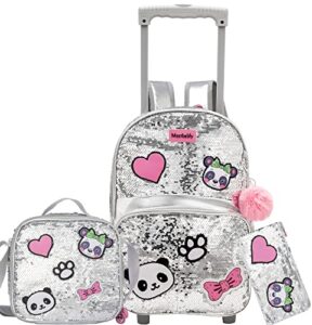 meetbelify girls rolling backpack sequin rolling backpacks with wheels for girls for elementary preschool cute panda roller luggage with lunch box for 6-12 girls