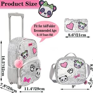 Meetbelify Girls Rolling Backpack Sequin Rolling Backpacks with Wheels for Girls for Elementary Preschool Cute Panda Roller Luggage with Lunch Box for 6-12 Girls