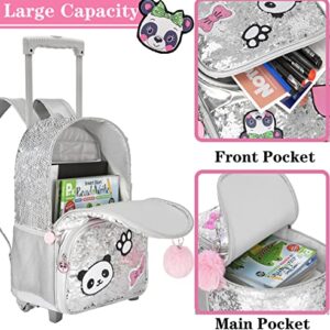 Meetbelify Girls Rolling Backpack Sequin Rolling Backpacks with Wheels for Girls for Elementary Preschool Cute Panda Roller Luggage with Lunch Box for 6-12 Girls