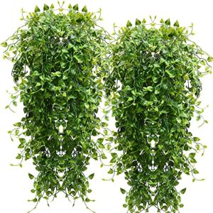 clong 2pcs artificial hanging plants 32-in fake hanging plant fake ivy vine outdoor uv resistant plastic plants (ivy)