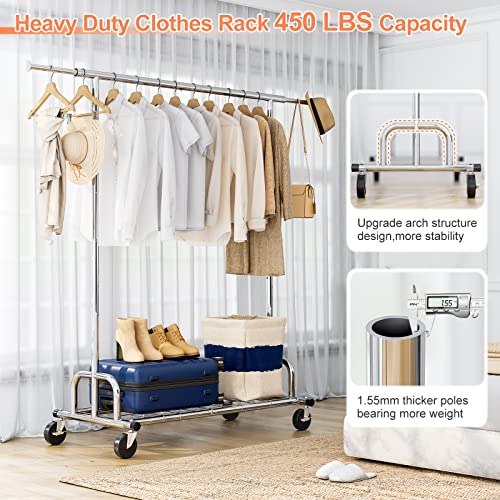 Raybee Clothes Rack Heavy Duty Loads 450LBS, Rolling Clothing Rack with Wheels Commercial Clothes Racks for Hanging Clothes Rack with Wheels Portable Garment Rack