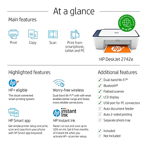 HP DeskJet 27 42e Series Wireless Inkjet Color All-in-One Printer - Print Copy Scan - USB Connectivity - Mobile Printing - Up to 7 ISO PPM - Up to 4800 x 1200 DPI - Blue + HDMI Cable