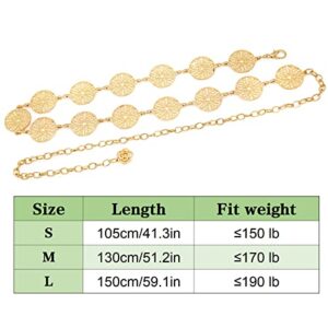 Glamorstar Chain Belts for Women Hollow Metal Waist Chain Belts Dress Belt for Her Circle Gold 130CM