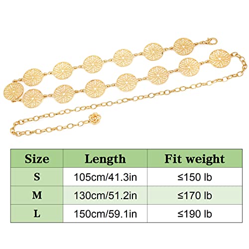 Glamorstar Chain Belts for Women Hollow Metal Waist Chain Belts Dress Belt for Her Circle Gold 130CM