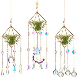 3 pcs hanging air plant holder rustic style air plant rack hanger with crystal pendant and chain golden geometric metal planter wall window air plants display for home festival wedding decor, 3 styles