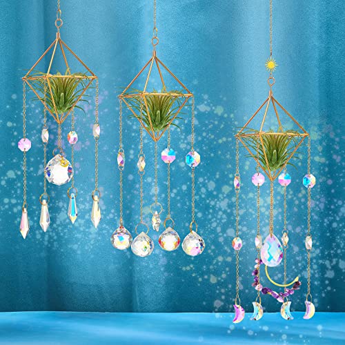 3 Pcs Hanging Air Plant Holder Rustic Style Air Plant Rack Hanger with Crystal Pendant and Chain Golden Geometric Metal Planter Wall Window Air Plants Display for Home Festival Wedding Decor, 3 Styles