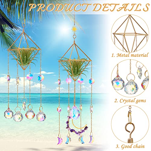 3 Pcs Hanging Air Plant Holder Rustic Style Air Plant Rack Hanger with Crystal Pendant and Chain Golden Geometric Metal Planter Wall Window Air Plants Display for Home Festival Wedding Decor, 3 Styles