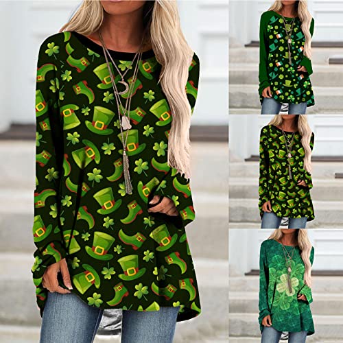 COMIOR Women Casual St. Patrick's Day Blouse Plus Size Green Top Ladies Long Sleeve Tank Tops O-Neck Pullover Shamrock Ireland Letter Printed Sweatshirt Loose Funny T Shirt Love Gift, X-Large