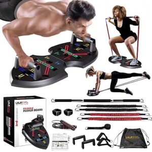 ultimate push up board, portable at home gym, strength training equipment for men, home workout equipment with 15 gym accessories, foldable pushup bar with resistance band, pilates bar, jump rope (black)