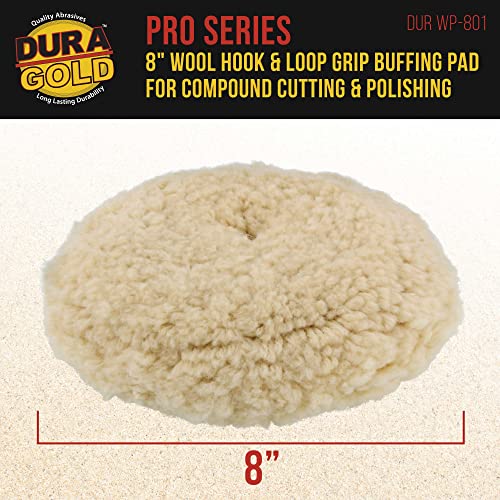 Dura-Gold 8" Wool Hook & Loop Grip Buffing Pad for Compound Cutting & Polishing - Fits Automotive Car Detailing Polisher Sanders - Polish Auto Paint, Boat Marine Epoxy