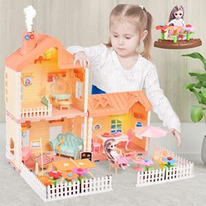 rassr dollhouse for 2-3 year old girls, doll house with lights, steam chimney and garden building toys, diy pretend dollhouse kit with dollhouse furniture accessories and doll, doll house 4-5 year old