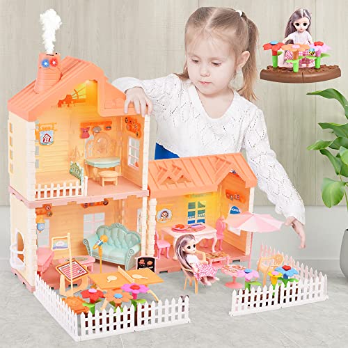 RASSR Dollhouse for 2-3 Year Old Girls, Doll House with Lights, Steam Chimney and Garden Building Toys, DIY Pretend Dollhouse Kit with Dollhouse Furniture Accessories and Doll, Doll House 4-5 Year Old