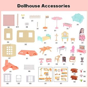 RASSR Dollhouse for 2-3 Year Old Girls, Doll House with Lights, Steam Chimney and Garden Building Toys, DIY Pretend Dollhouse Kit with Dollhouse Furniture Accessories and Doll, Doll House 4-5 Year Old