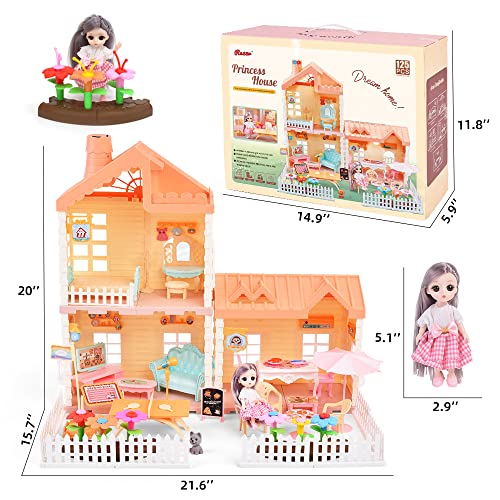 RASSR Dollhouse for 2-3 Year Old Girls, Doll House with Lights, Steam Chimney and Garden Building Toys, DIY Pretend Dollhouse Kit with Dollhouse Furniture Accessories and Doll, Doll House 4-5 Year Old