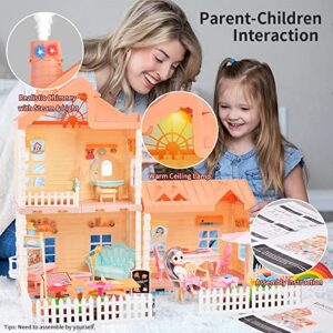 RASSR Dollhouse for 2-3 Year Old Girls, Doll House with Lights, Steam Chimney and Garden Building Toys, DIY Pretend Dollhouse Kit with Dollhouse Furniture Accessories and Doll, Doll House 4-5 Year Old