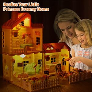 RASSR Dollhouse for 2-3 Year Old Girls, Doll House with Lights, Steam Chimney and Garden Building Toys, DIY Pretend Dollhouse Kit with Dollhouse Furniture Accessories and Doll, Doll House 4-5 Year Old