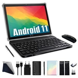 android 11 tablet, 2 in 1 tablet 10.1 inch, 4g cellular tablet with keyboard, octa-core, 64gb storage, 4gb ram, mouse, stylus, case, support dual sim card, 13mp camera, wifi, bluetooth, gps (gray)