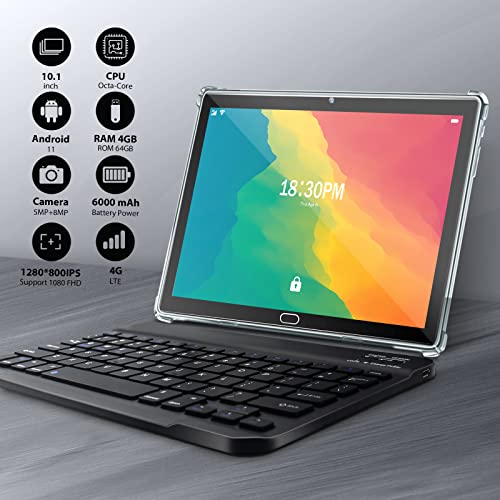 Android 11 Tablet, 2 in 1 Tablet 10.1 inch, 4G Cellular Tablet with Keyboard, Octa-Core, 64GB Storage, 4GB RAM, Mouse, Stylus, Case, Support Dual Sim Card, 13MP Camera, WiFi, Bluetooth, GPS (Gray)