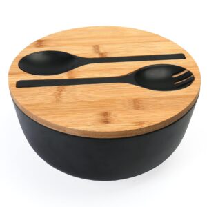 shineme black salad bowl set, 9.8inches large bamboo fiber salad bowl with lid and utensils(spoon & fork), solid mixing bowl for serving pasta, fruits, vegetables, bread and chips
