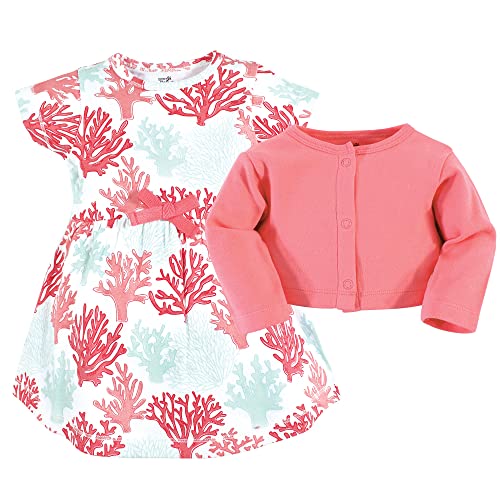 Touched by Nature Baby Girls' Organic Cotton Dress and Cardigan, Coral Reef, 9-12 Months