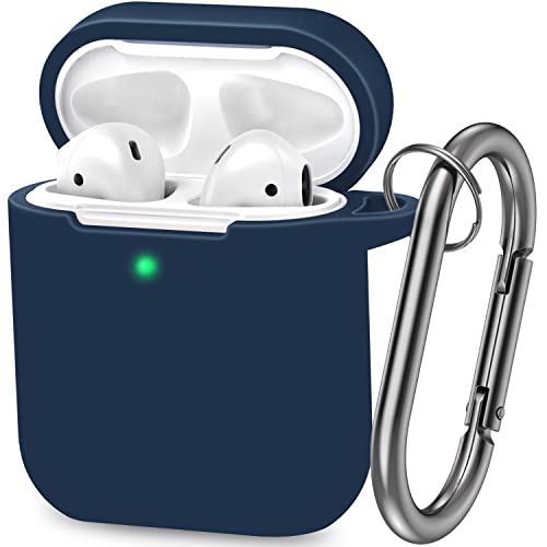 ATUAT AirPods Case Cover, Full Protective Silicone Skin Dust-Proof Designed for Apple AirPods 1st 2nd Generation with Keychain, Front LED Visible, Midnight Blue