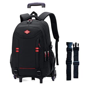 yookeyo rolling backpack for boys elementary school bag with wheels travel trolley bag 2 wheels and 6 wheels, black/red 6 wheels