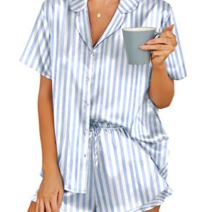 HOTOUCH Womens Satin Pajama Set With Short Sleeve Button-Down Comfy Pjs Loungewear, Blue Stripe, X-Large