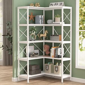 tribesigns 5-shelf corner bookshelf, large modern corner bookcase, 5-tier tall corner shelf storage display rack with metal frame for living room home office (white)